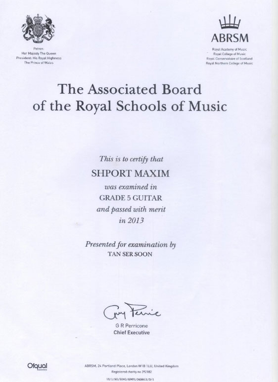 Grade 5 ABRSM Guitar Merit Certificate