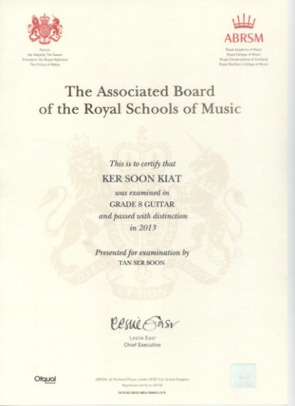 Grade 8 ABRSM Guitar Distinction Certificate
